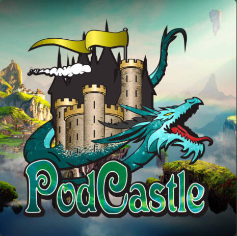 PodCastle logo, with a dragon wrapped around a castle in fantasy landscape.