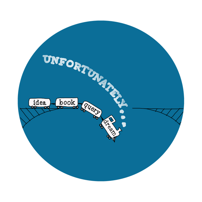 Unfortunately... podcast logo showing a drawing of a steam engine going off rail in the middle of a broken bridge. There's a word written on each car, in reverse order from the caboose: idea, book, query, and dream. Smoke rises from the engine that reads U