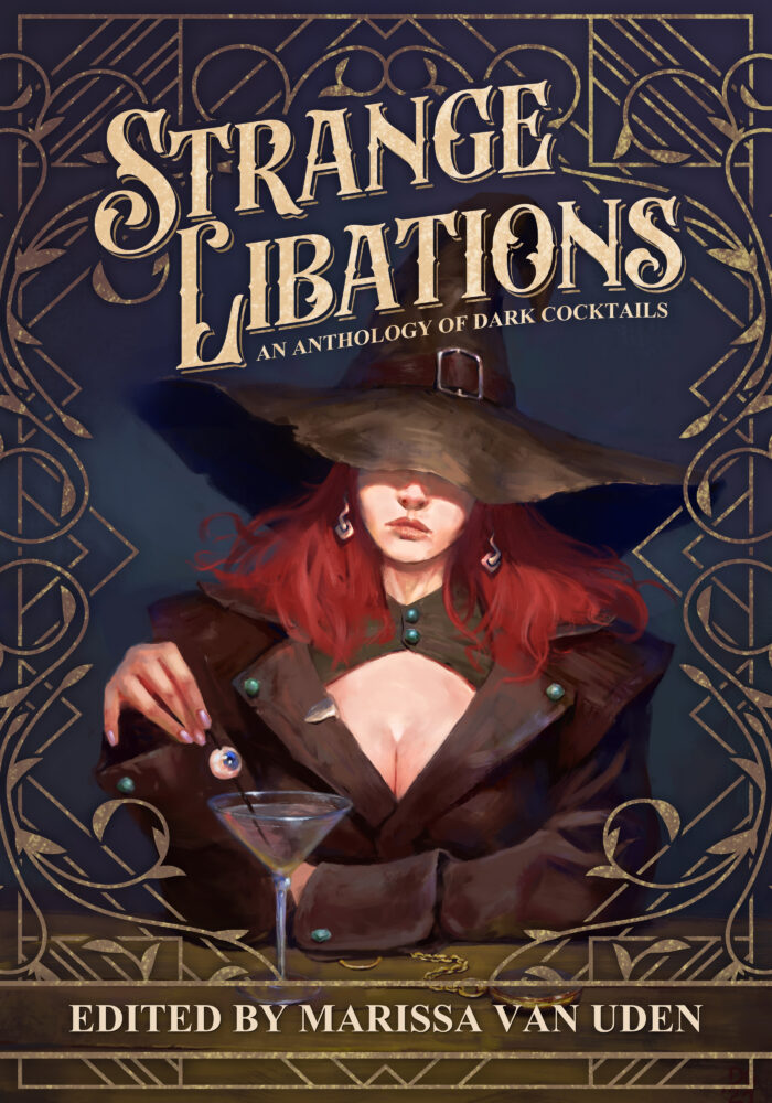 Strange Libations cover, featuring a woman in a witch hat with red hair, stirring a martini-like drink with a stick that has an eyeball instead of an olive on it.
