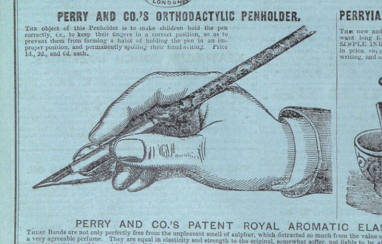 A Victorian advertisement for a pen that helps children learn to hold pens and write correctly.