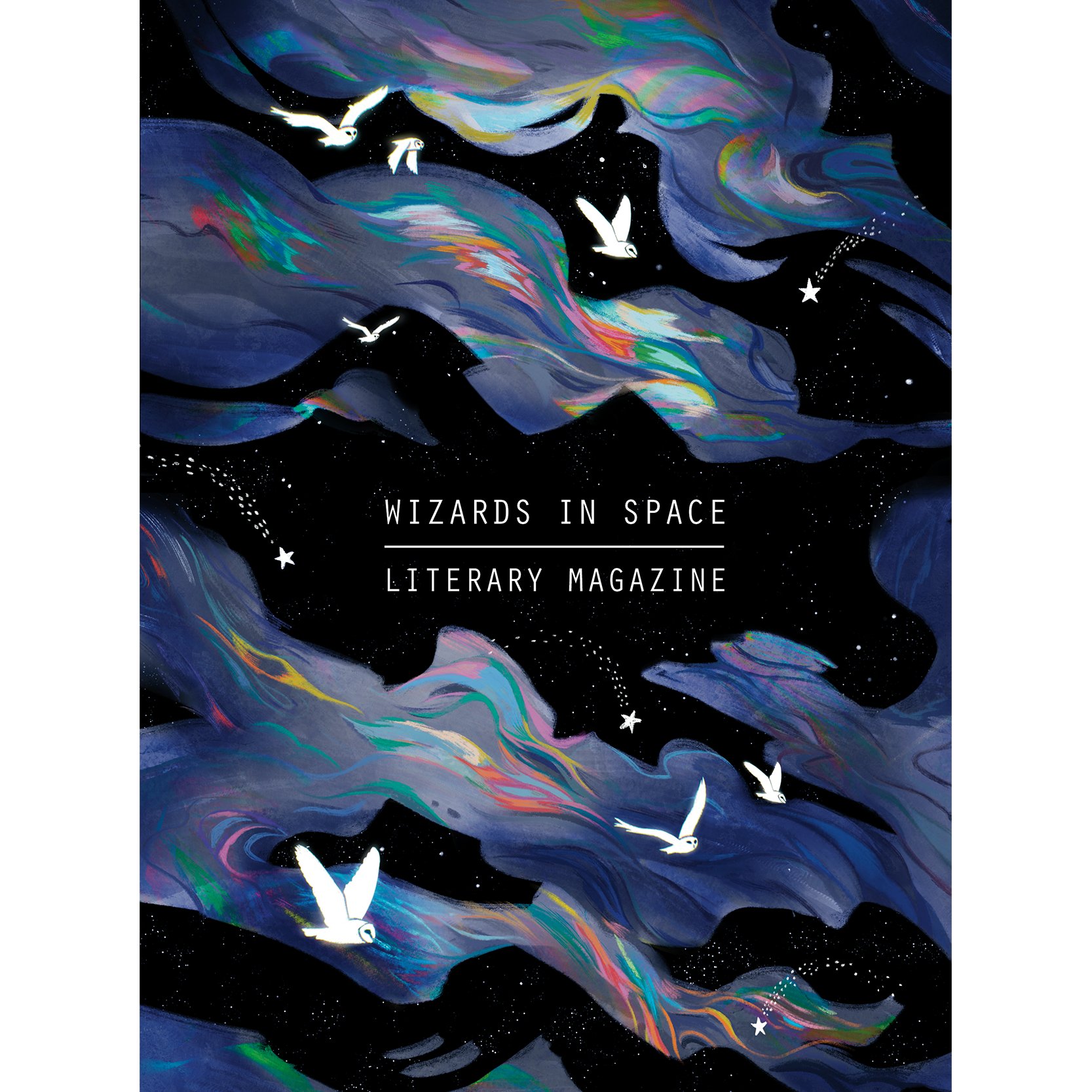 Wizards in Space issue 09 cover, featuring white birds flying through an aurora borealis